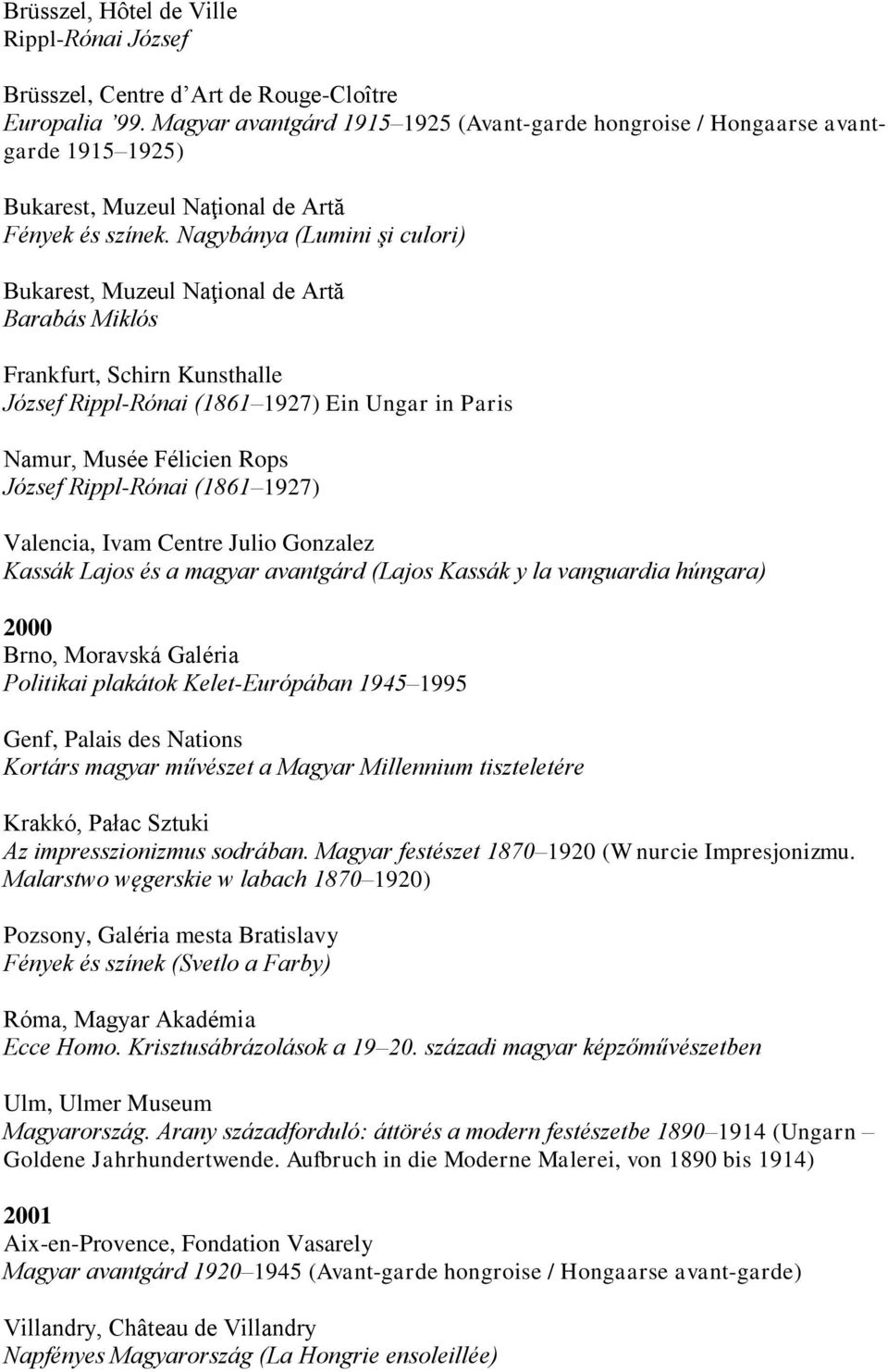Nagybánya (Lumini şi culori) Bukarest, Muzeul Naţional de Artă Barabás Miklós Frankfurt, Schirn Kunsthalle József Rippl-Rónai (1861 1927) Ein Ungar in Paris Namur, Musée Félicien Rops József