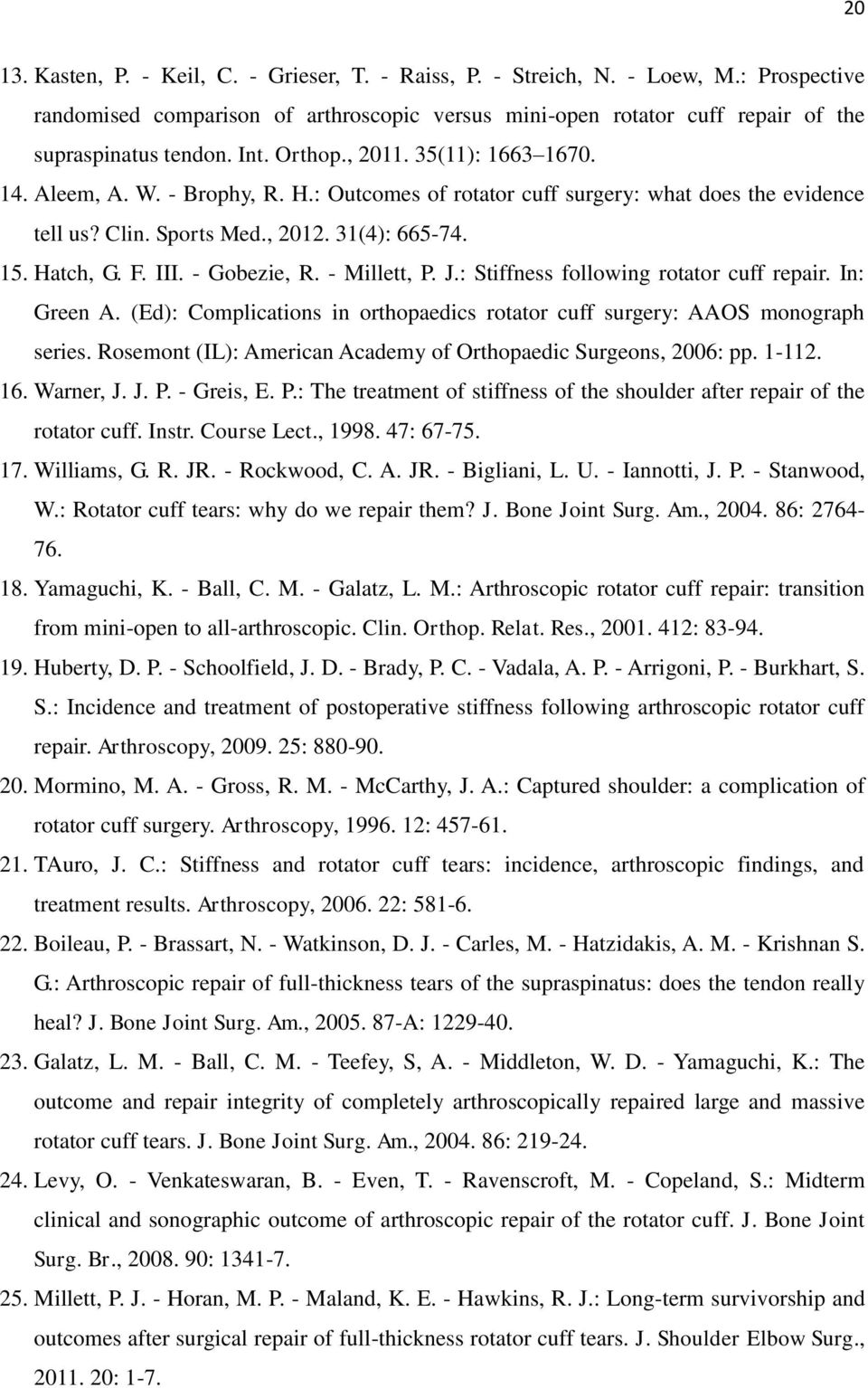 - Gobezie, R. - Millett, P. J.: Stiffness following rotator cuff repair. In: Green A. (Ed): Complications in orthopaedics rotator cuff surgery: AAOS monograph series.