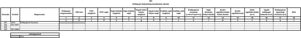 saját Értékpapírok összesen (c+d+e+f+g+h+i+j) Saját állomány fizikai készlet Bruttó ügyfélkövetelés fizikai készlet Bruttó ügyféltartozás Nettó ügyfélkövetelés (m-n)