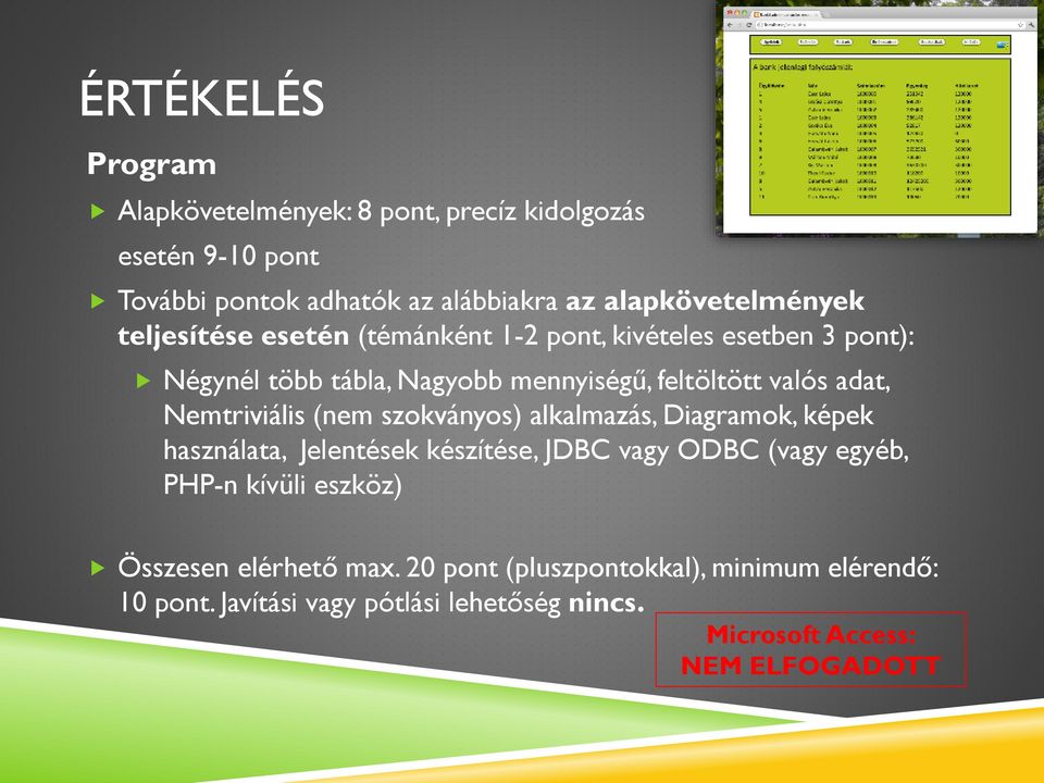 Nemtriviális (nem szokványos) alkalmazás, Diagramok, képek használata, Jelentések készítése, JDBC vagy ODBC (vagy egyéb, PHP-n kívüli