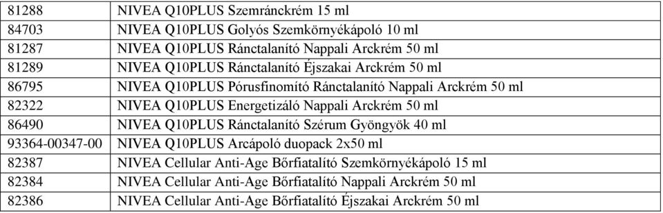 Arckrém 50 ml 86490 NIVEA Q10PLUS Ránctalanító Szérum Gyöngyök 40 ml 93364-00347-00 NIVEA Q10PLUS Arcápoló duopack 2x50 ml 82387 NIVEA Cellular Anti-Age