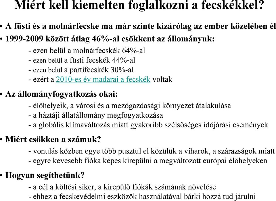 ezen belül a partifecskék 30%-al - ezért a 2010-es év madarai a fecskék voltak Az állományfogyatkozás okai: -élőhelyeik, a városi és a mezőgazdasági környezet átalakulása - a háztáji állatállomány