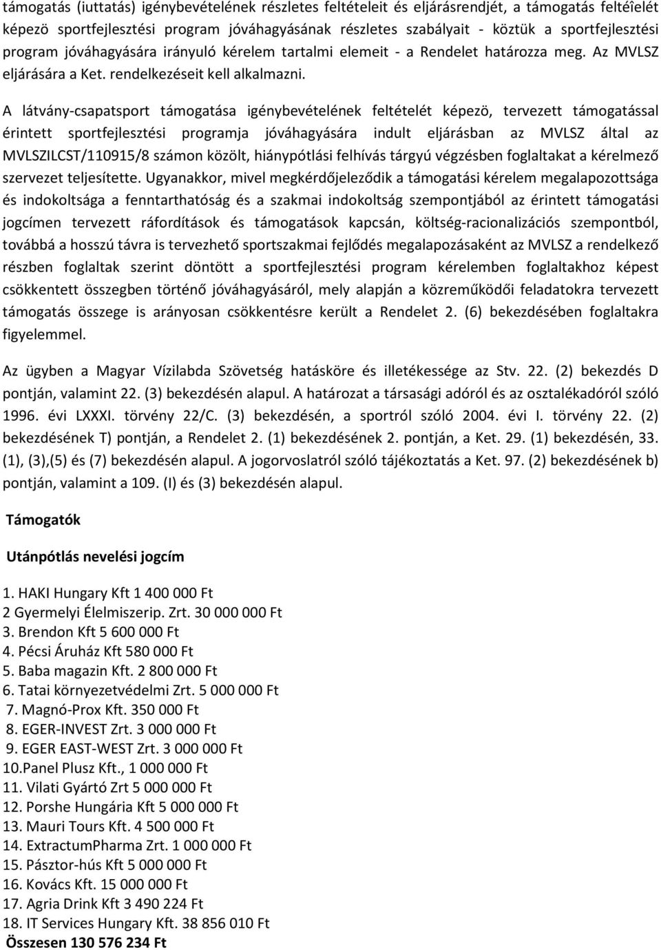 A látvány-csapatsport támogatása igénybevételének feltételét képezö, tervezett támogatással érintett sportfejlesztési programja jóváhagyására indult eljárásban az MVLSZ által az MVLSZILCST/110915/8