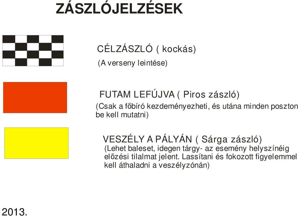 VESZÉLY A PÁLYÁN ( Sárga zászló) (Lehet baleset, idegen tárgy- az esemény