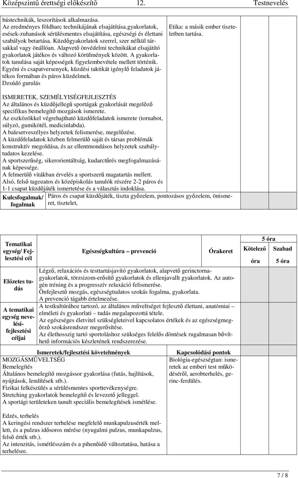 A gyakorlatok tanulása saját képességek figyelembevétele mellett történik. Egyéni és csapatversenyek, küzdési taktikát igénylő feladatok játékos formában és páros küzdelmek.