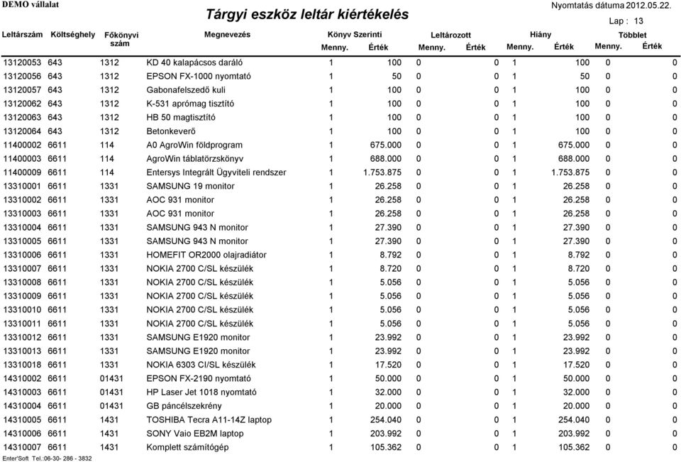 1 675.000 0 0 1 675.000 0 0 11400003 6611 114 AgroWin táblatörzskönyv 1 688.000 0 0 1 688.000 0 0 11400009 6611 114 Entersys Integrált Ügyviteli rendszer 1 1.753.
