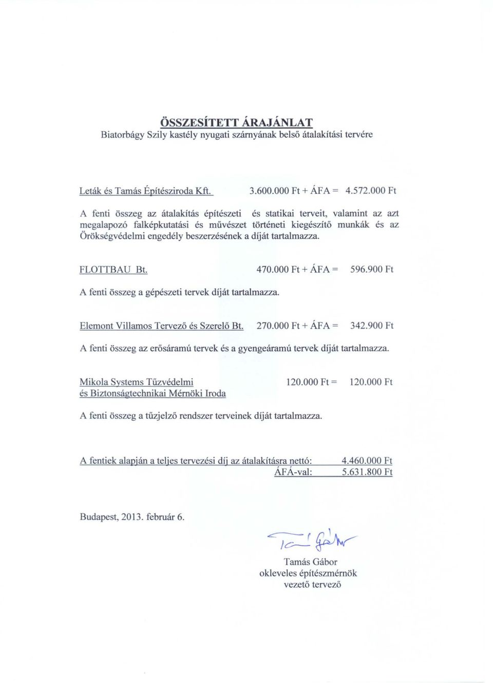 díját tartalmazza. FLOTTBAU Bt. 470.000 Ft+ ÁFA = 596.900 Ft A fenti összeg a gépészeti tervek díját tartalmazza. Elemont Villamos Tervező és Szerelő Bt. 270.000 Ft + ÁFA = 342.