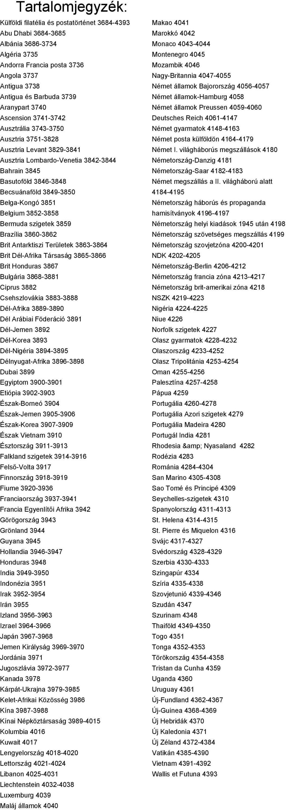 3851 Belgium 3852-3858 Bermuda szigetek 3859 Brazília 3860-3862 Brit Antarktiszi Területek 3863-3864 Brit Dél-Afrika Társaság 3865-3866 Brit Honduras 3867 Bulgária 3868-3881 Ciprus 3882 Csehszlovákia