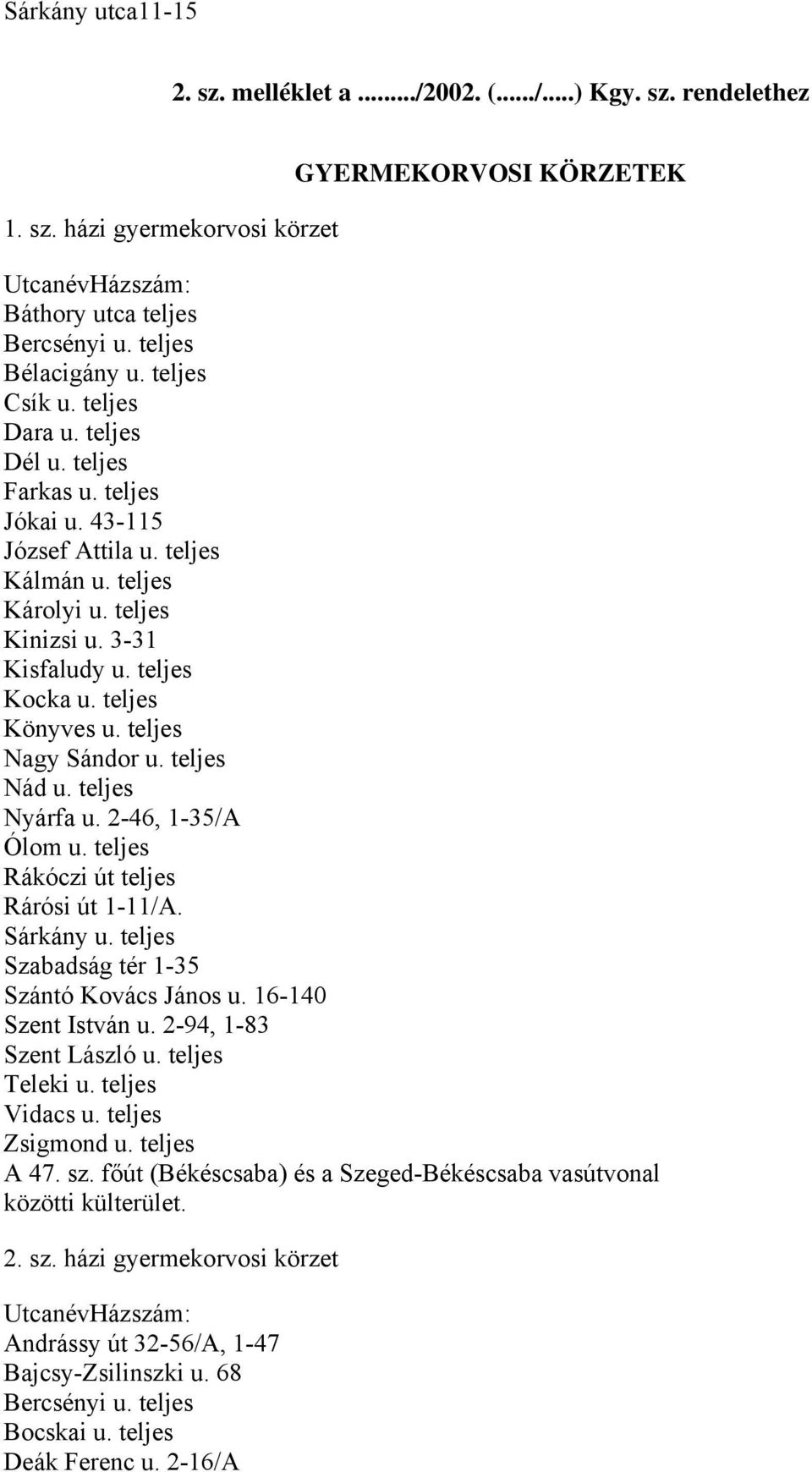 teljes Könyves u. teljes Nagy Sándor u. teljes Nád u. teljes Nyárfa u. 2-46, 1-35/A Ólom u. teljes Rákóczi út teljes Rárósi út 1-11/A. Sárkány u. teljes Szabadság tér 1-35 Szántó Kovács János u.