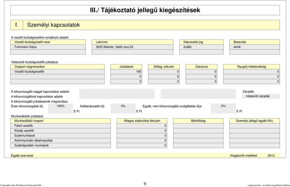 önálló elnök Választott tisztségviselők juttatásai: Csoport megnevezése Juttatások Előleg, kölcsön Garancia Nyugdíj kötelezettség Vezető tisztségviselők 165 A könyvvizsgáló céggel kapcsolatos adatok: