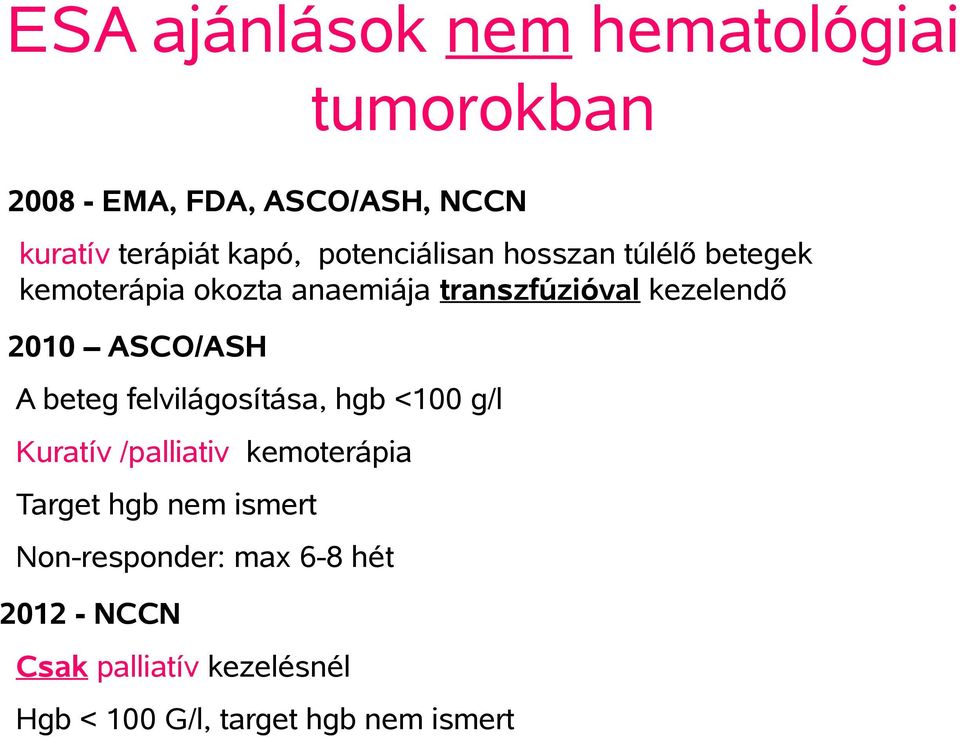 ASCO/ASH A beteg felvilágosítása, hgb <100 g/l Kuratív /palliativ kemoterápia Target hgb nem