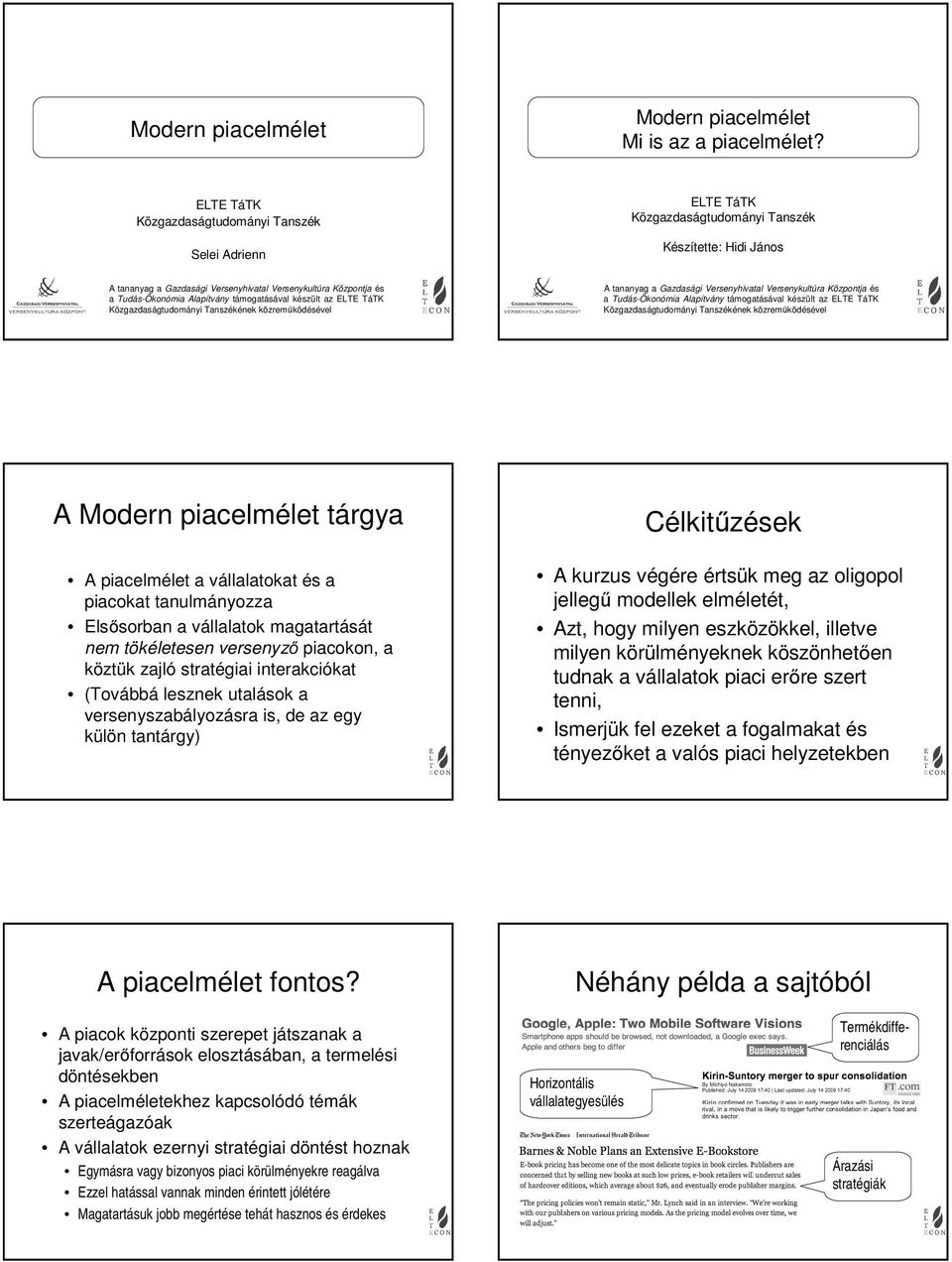 Alaítvány támogatásával készült az ELTE TáTK Közgazdaságtudományi Tanszékének közreműködésével A tananyag a Gazdasági Versenyhivatal Versenykultúra Közontja és a Tudás-Ökonómia Alaítvány