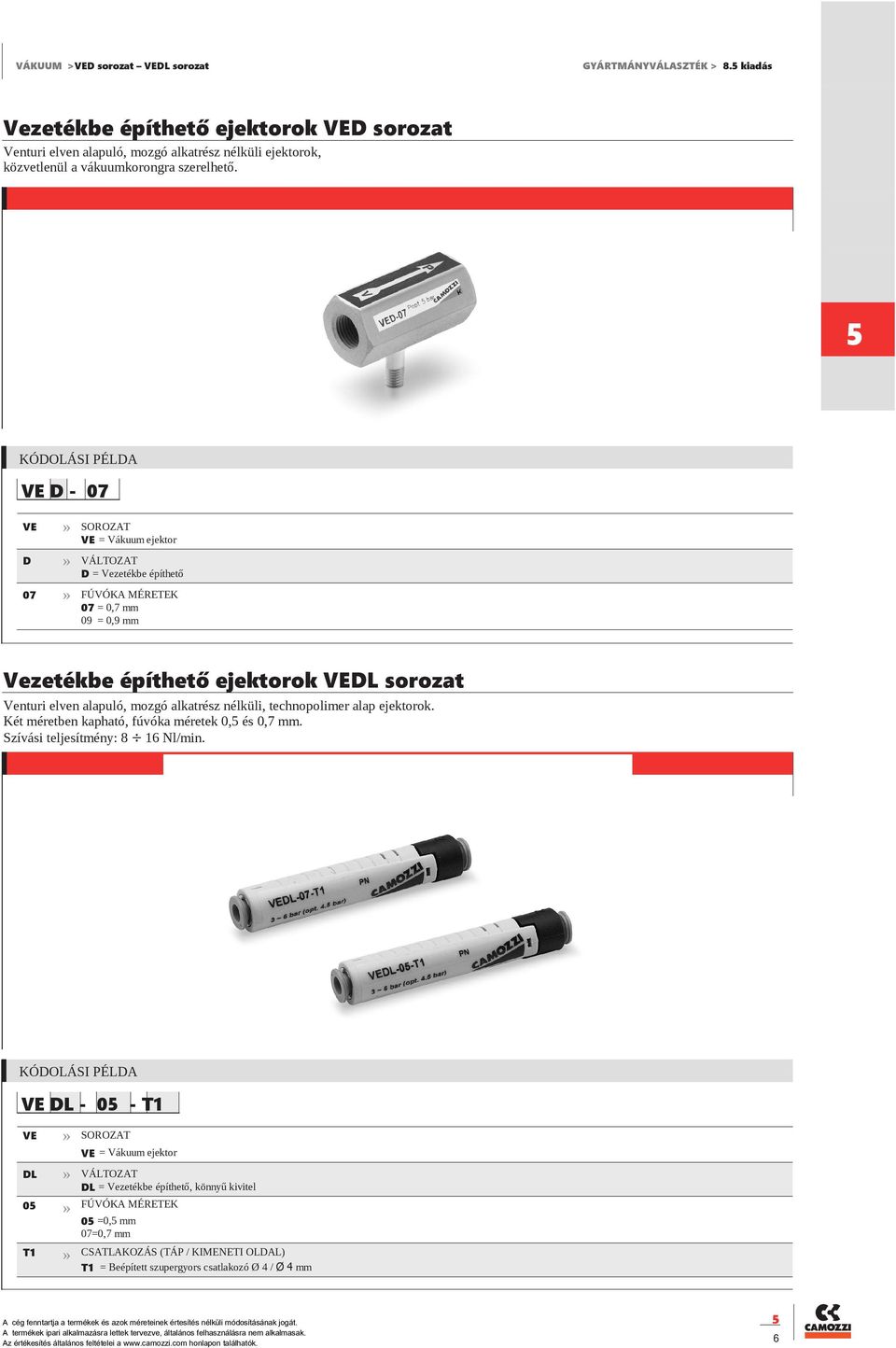 VE D - 07 VE VE = Vákuum ejektor D D = Vezetékbe építhető 07 FÚVÓKA MÉRETEK 07 = 0,7 mm 09 = 0,9 mm Vezetékbe építhető ejektorok VEDL sorozat Venturi elven alapuló, mozgó