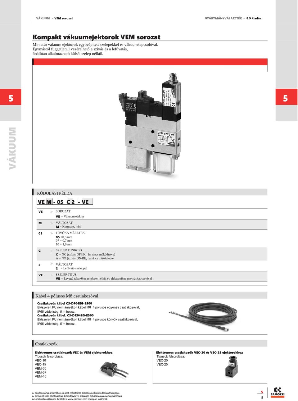 VÁKUUM VE M - 0 C 2 - VE VE VE = Vákuum ejektor M M = Kompakt, mini 0 FÚVÓKA MÉRETEK 0 =0, mm 07 = 0,7 mm 10 = 1,0 mm C SZELEP FUNKCIÓ C = NC (szívás OFF/KI, ha nincs működtetve) A = NO (szívás