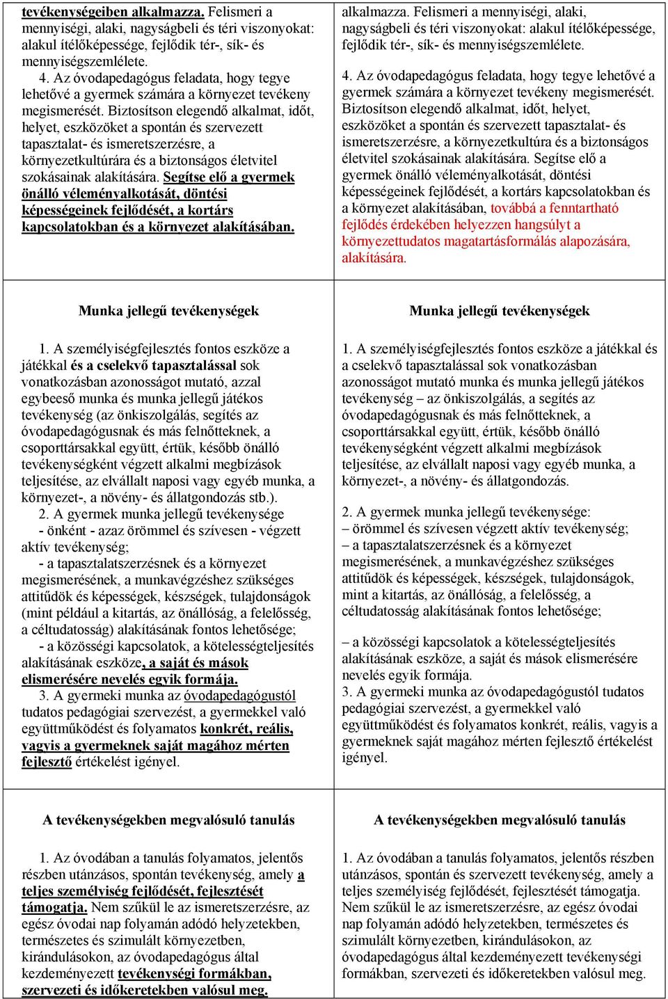 Biztosítson elegendő alkalmat, időt, helyet, eszközöket a spontán és szervezett tapasztalat- és ismeretszerzésre, a környezetkultúrára és a biztonságos életvitel szokásainak alakítására.