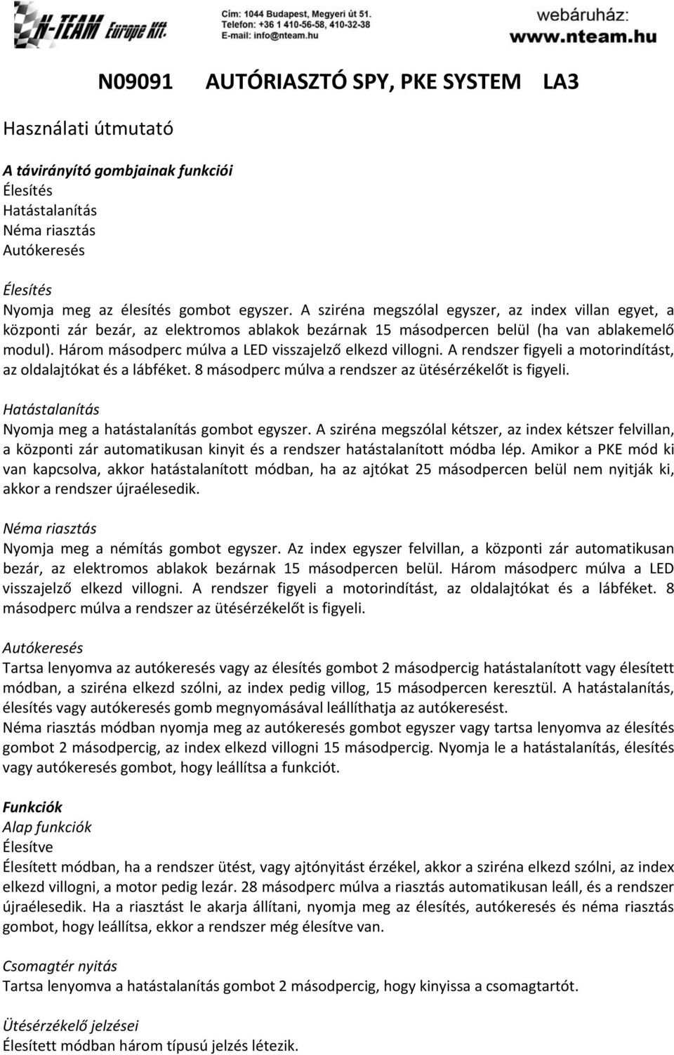 AUTÓRIASZTÓ SPY, PKE SYSTEM LA3 - PDF Free Download