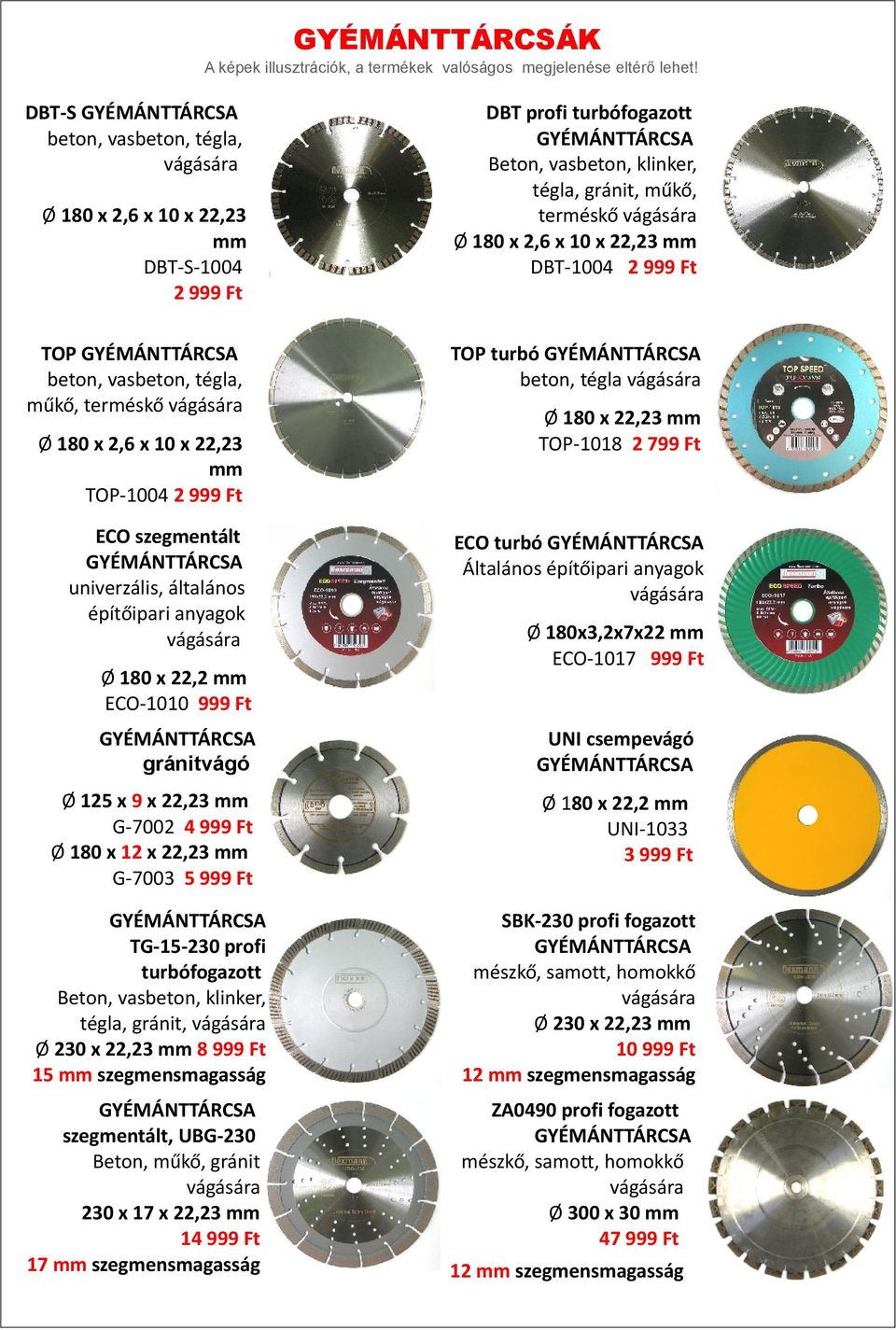 vágására Ø 180 x 22,2 mm ECO-1010 999 Ft gránitvágó Ø 125 x 9 x 22,23 mm G-7002 4 999 Ft Ø 180 x 12 x 22,23 mm G-7003 5 999 Ft TG-15-230 profi turbófogazott Beton, vasbeton, klinker, tégla, gránit,