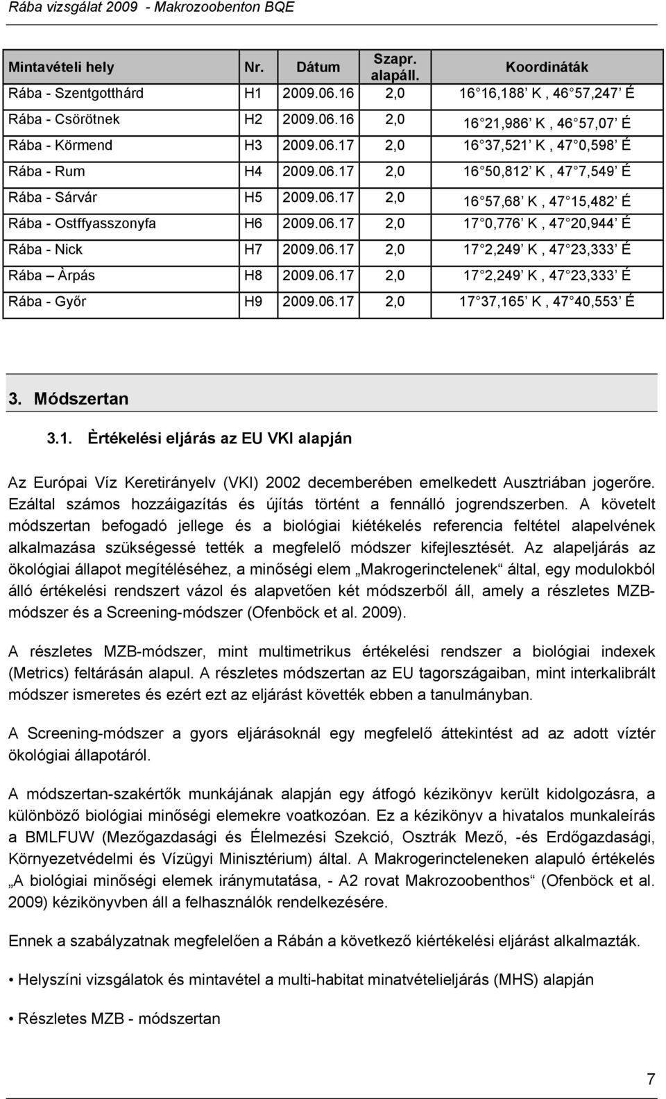 06.17 2,0 17 2,249 K, 47 23,333 É Rába Àrpás H8 2009.06.17 2,0 17 2,249 K, 47 23,333 É Rába - Győr H9 2009.06.17 2,0 17 37,165 K, 47 40,553 É 3. Módszertan 3.1. Èrtékelési eljárás az EU VKI alapján Az Európai Víz Keretirányelv (VKI) 2002 decemberében emelkedett Ausztriában jogerőre.