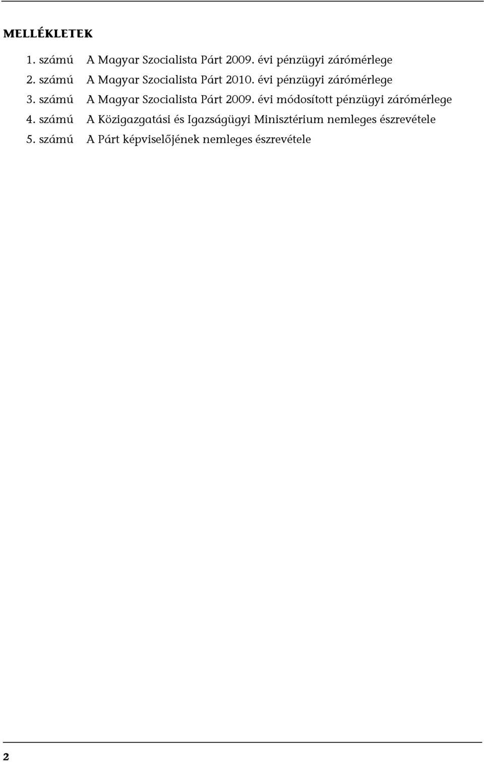 számú A Magyar Szocialista Párt 2009. évi módosított pénzügyi zárómérlege 4.