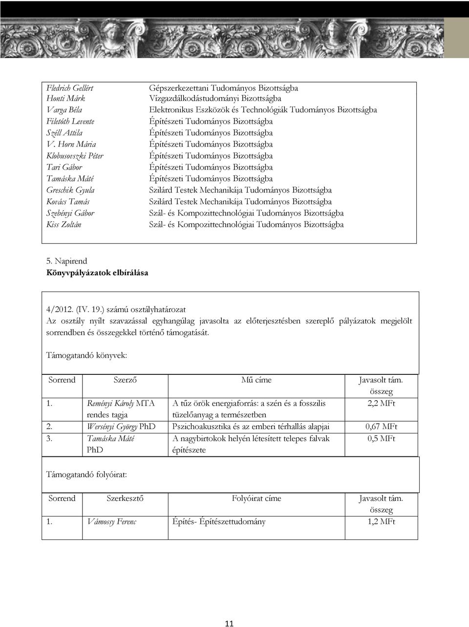 Horn Mária Építészeti Tudományos Bizottságba Klobusovszki Péter Építészeti Tudományos Bizottságba Tari Gábor Építészeti Tudományos Bizottságba Tamáska Máté Építészeti Tudományos Bizottságba Greschik