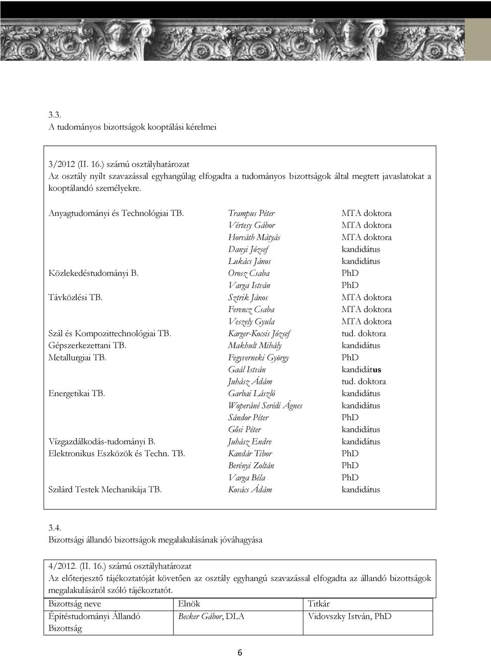 Trampus Péter MTA doktora Vértesy Gábor MTA doktora Horváth Mátyás MTA doktora Danyi József kandidátus Lukács János kandidátus Közlekedéstudományi B. Orosz Csaba PhD Varga István PhD Távközlési TB.