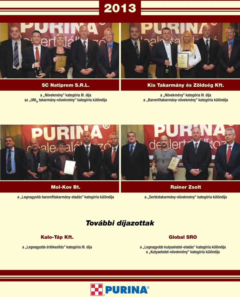 a Legnagyobb baromfitakarmány-eladás kategória különdíja Rainer Zsolt a Sertéstakarmány-növekmény kategória különdíja További