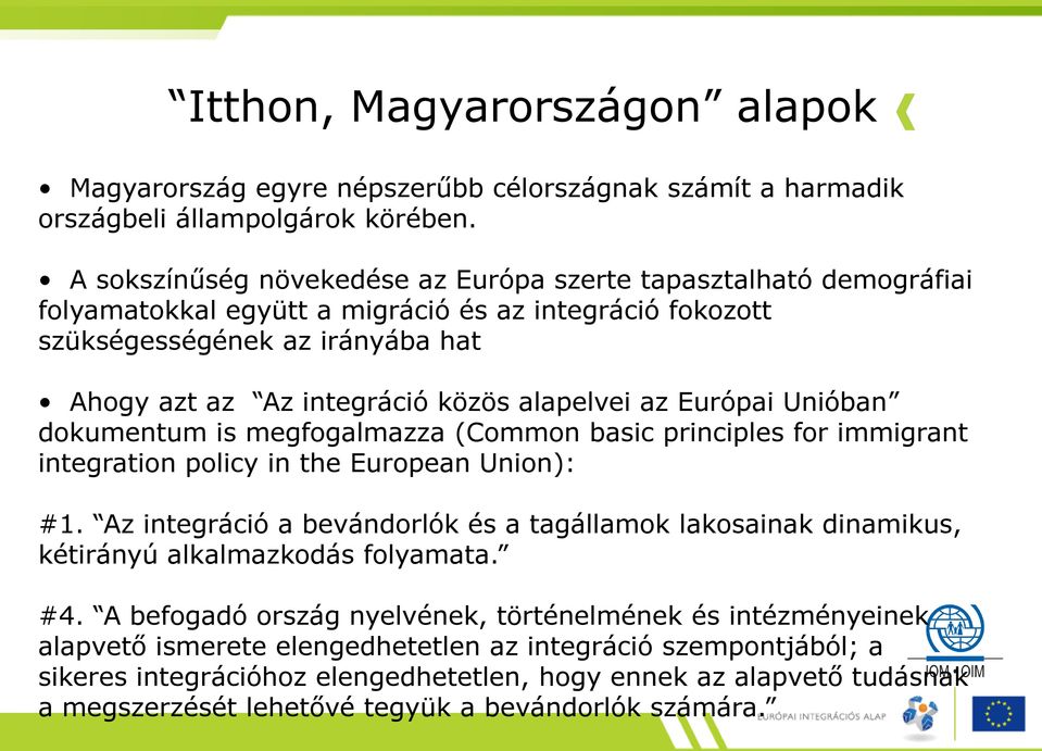 alapelvei az Európai Unióban dokumentum is megfogalmazza (Common basic principles for immigrant integration policy in the European Union): #1.