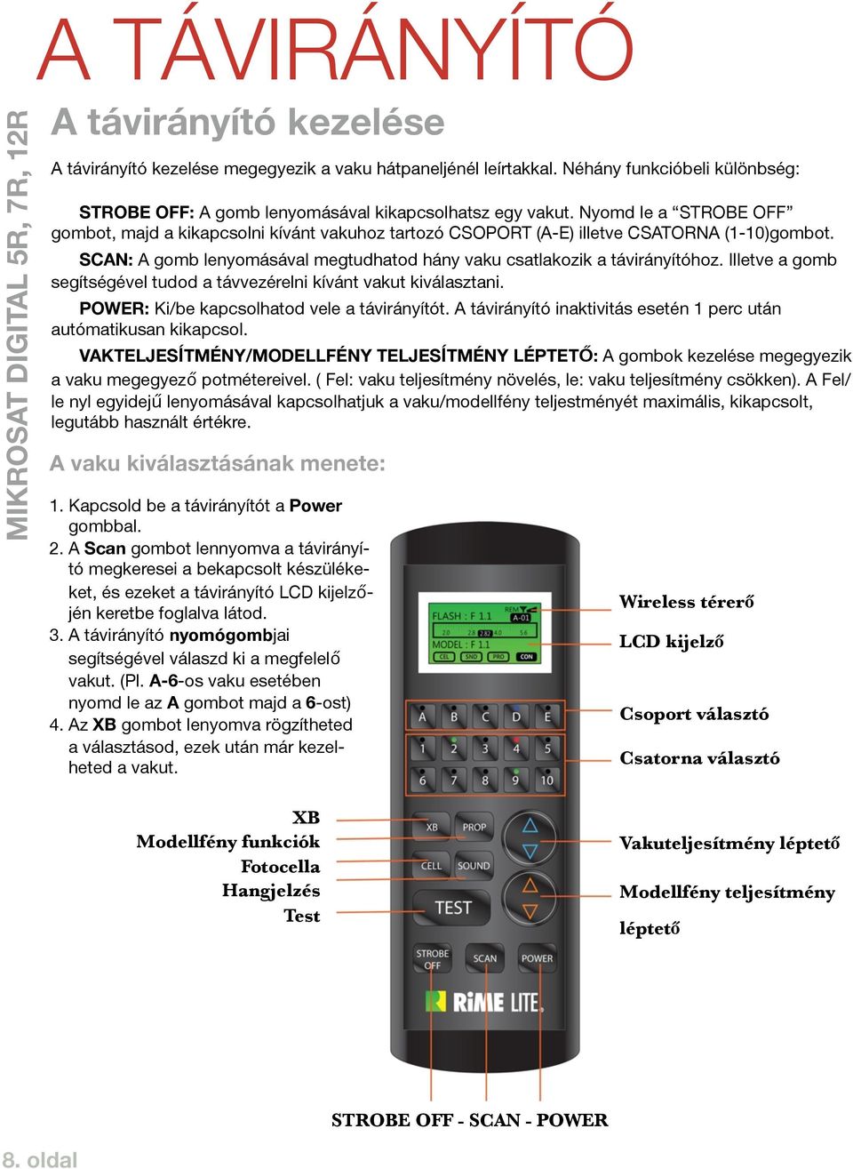 Nyomd le a STROBE OFF gombot, majd a kikapcsolni kívánt vakuhoz tartozó CSOPORT (A-E) illetve CSATORNA (1-10)gombot. SCAN: A gomb lenyomásával megtudhatod hány vaku csatlakozik a távirányítóhoz.