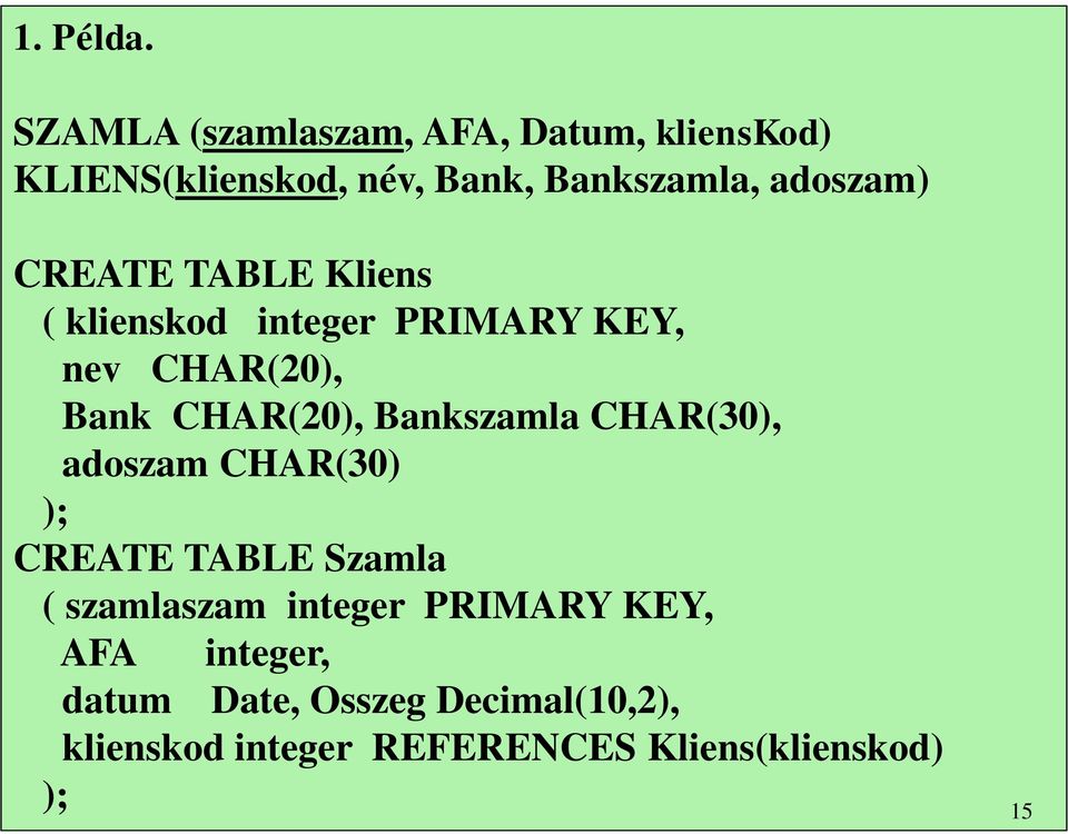 CREATE TABLE Kliens ( klienskod integer PRIMARY KEY, nev CHAR(20), Bank CHAR(20), Bankszamla