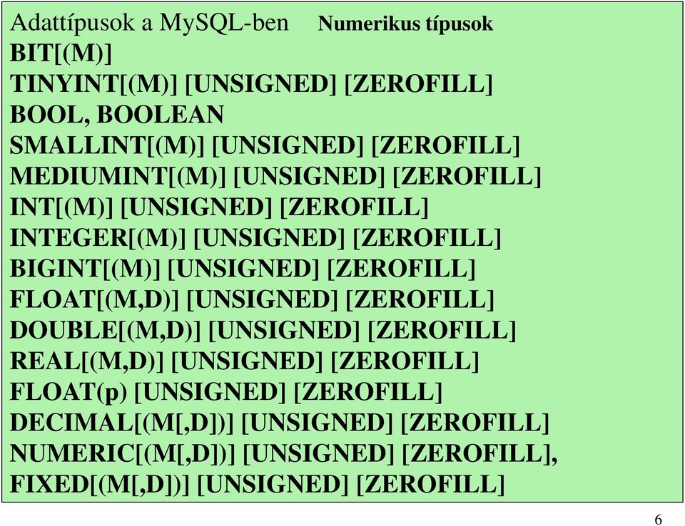 [UNSIGNED] [ZEROFILL] FLOAT[(M,D)] [UNSIGNED] [ZEROFILL] DOUBLE[(M,D)] [UNSIGNED] [ZEROFILL] REAL[(M,D)] [UNSIGNED] [ZEROFILL]