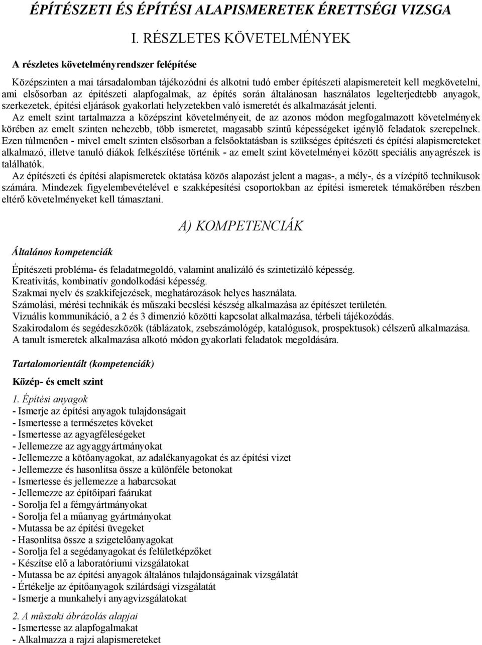 alapfogalmak, az építés során általánosan használatos legelterjedtebb anyagok, szerkezetek, építési eljárások gyakorlati helyzetekben való ismeretét és alkalmazását jelenti.