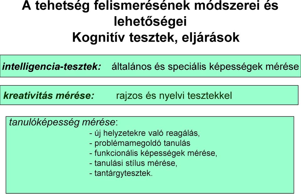 rajzos és nyelvi tesztekkel tanulóképesség mérése: - új helyzetekre való reagálás, -