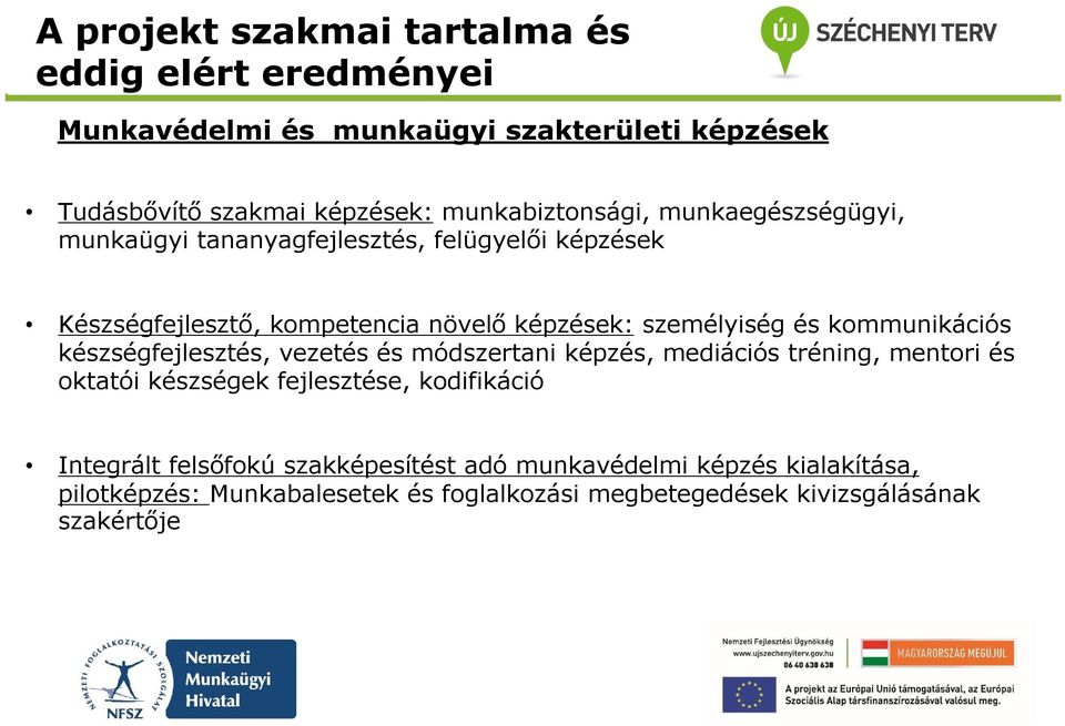 készségfejlesztés, vezetés és módszertani képzés, mediációs tréning, mentori és oktatói készségek fejlesztése, kodifikáció