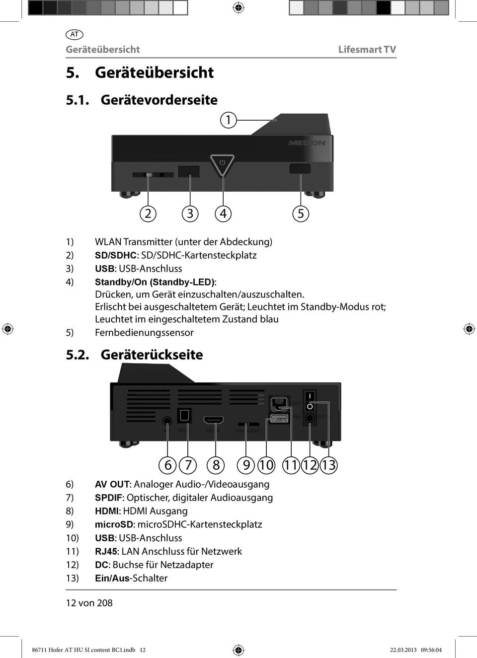 einzuschalten/auszuschalten. Erlischt bei ausgeschaltetem Gerät; Leuchtet im Standby-Modus rot; Leuchtet im eingeschaltetem Zustand blau 5) Fernbedienungssensor 5.2.