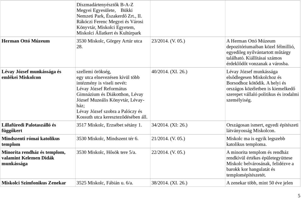 Rákóczi Ferenc Megyei és Városi Könyvtár, Miskolci Egyetem, Miskolci Állatkert és Kultúrpark 3530 Miskolc, Görgey Artúr utca 28.