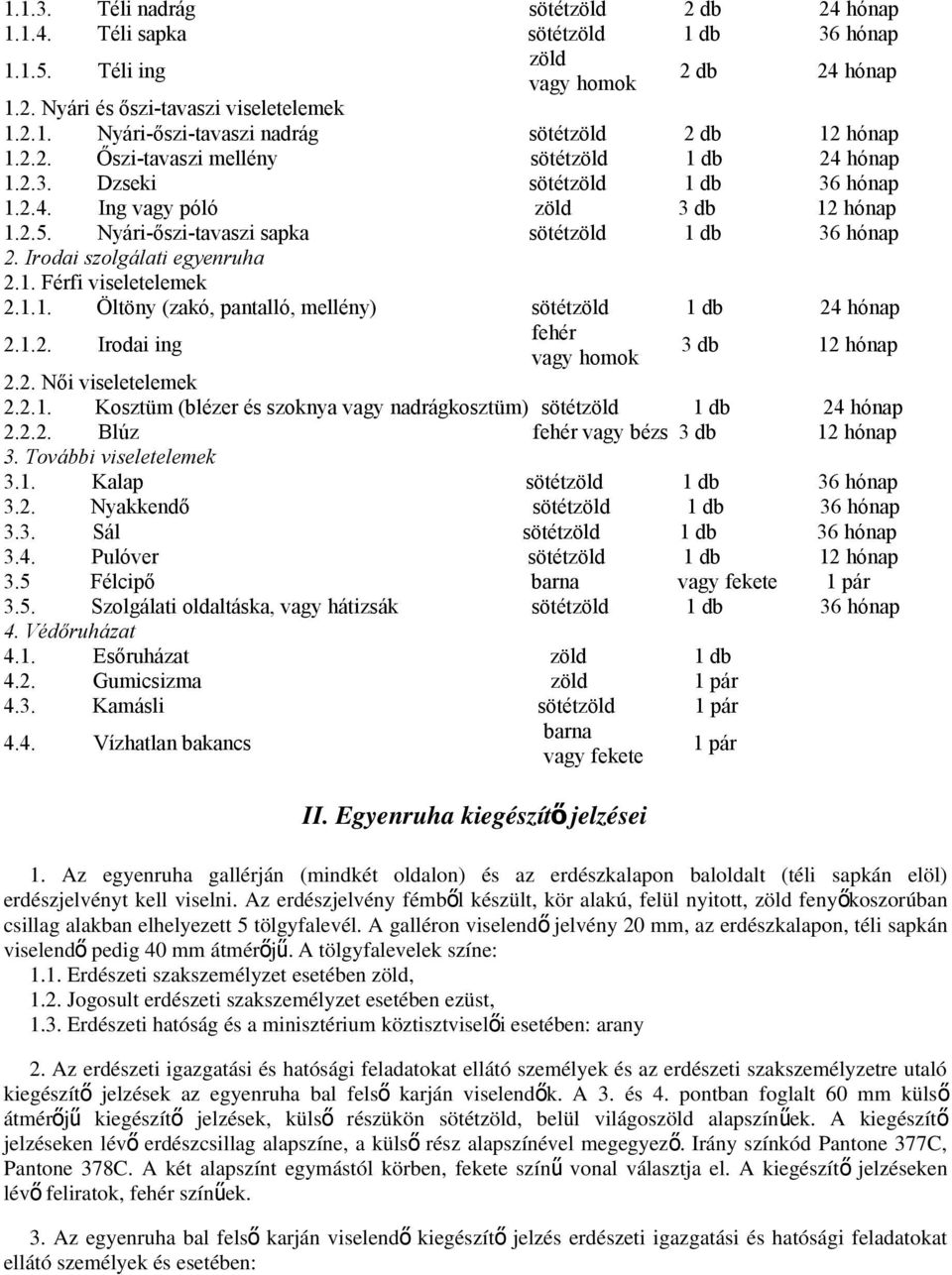 Irodai szolgálati egyenruha 2.1. Férfi viseletelemek 2.1.1. Öltöny (zakó, pantalló, mellény) sötétzöld 1 db 24 hónap 2.1.2. Irodai ing fehér vagy homok 3 db 12 hónap 2.2. Női viseletelemek 2.2.1. Kosztüm (blézer és szoknya vagy nadrágkosztüm) sötétzöld 1 db 24 hónap 2.