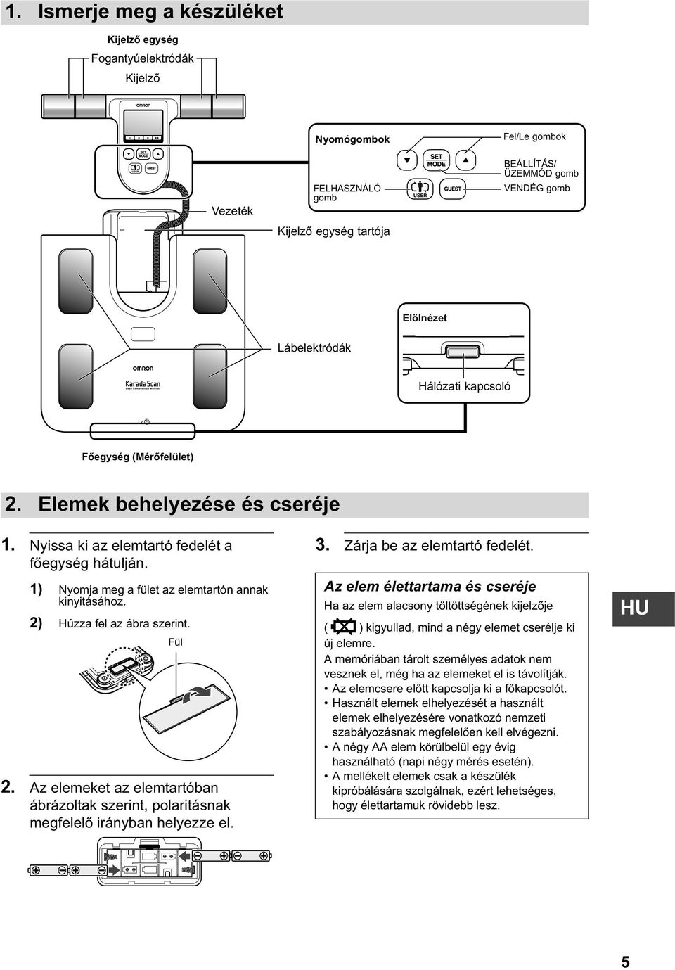 2) Húzza fel az ábra szerint. Fül 2. Az elemeket az elemtartóban ábrázoltak szerint, polaritásnak megfelel irányban helyezze el. 3. Zárja be az elemtartó fedelét.