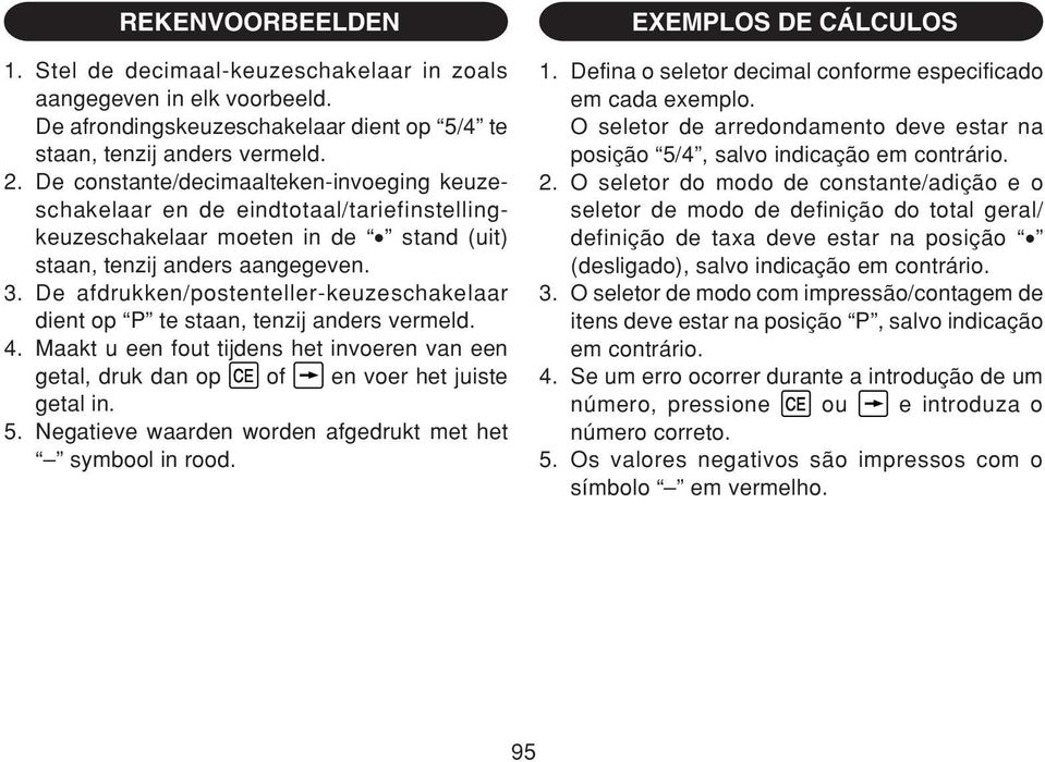 De afdrukken/postenteller-keuzeschakelaar dient op P te staan, tenzij anders vermeld. 4. Maakt u een fout tijdens het invoeren van een getal, druk dan op of en voer het juiste getal in. 5.