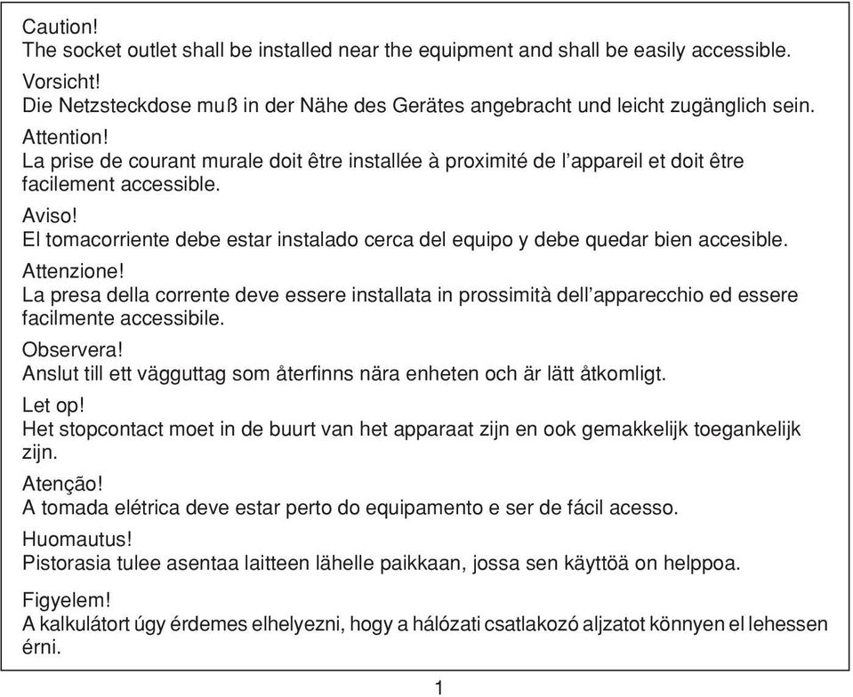 El tomacorriente debe estar instalado cerca del equipo y debe quedar bien accesible. Attenzione!