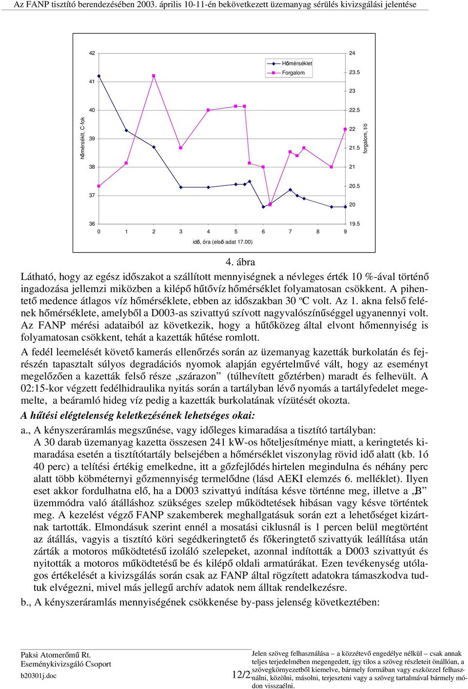 ábra Látható, hogy az egész időszakot a szállított mennyiségnek a névleges érték 10 %-ával történő ingadozása jellemzi miközben a kilépő hűtővíz hőmérséklet folyamatosan csökkent.