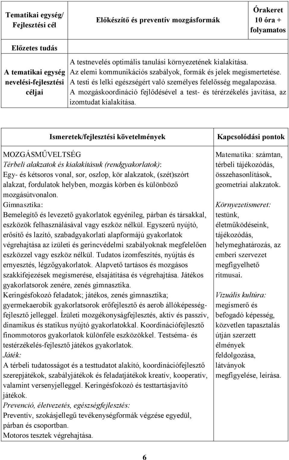 A mozgáskoordináció fejlődésével a test- és térérzékelés javítása, az izomtudat kialakítása.