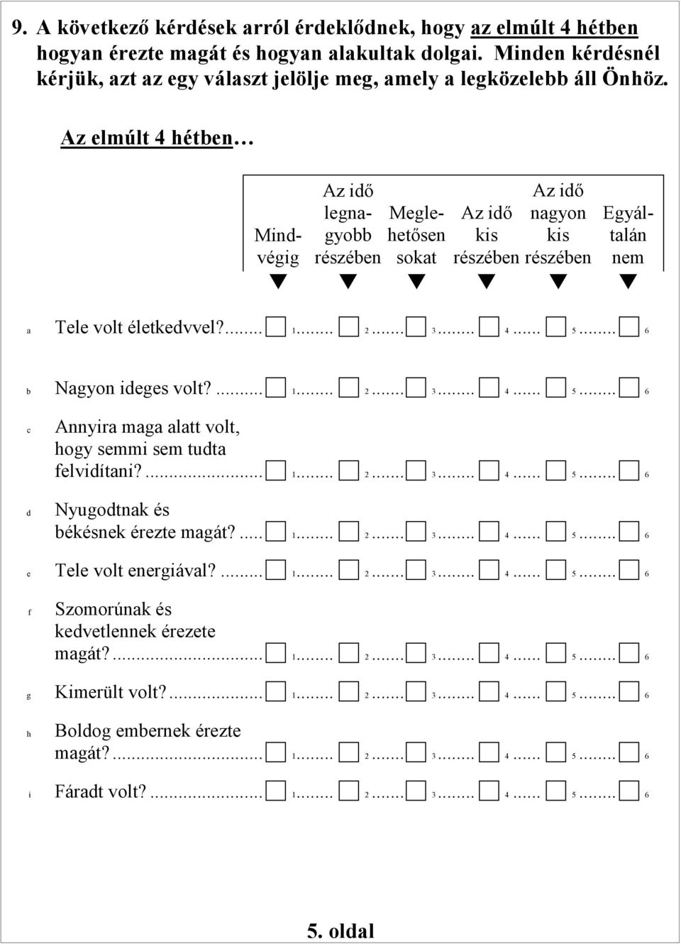 .. 6 b Ngyon ideges volt?... 1... 2... 3... 4... 5... 6 c d Annyir mg ltt volt, hogy semmi sem tudt felvidítni?... 1... 2... 3... 4... 5... 6 Nyugodtnk és békésnek érezte mgát?... 1... 2... 3... 4... 5... 6 e Tele volt energiávl?