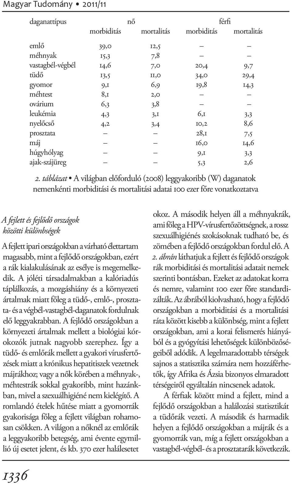 táblázat A világban előforduló (2008) leggyakoribb (W) daganatok nemenkénti morbiditási és mortalitási adatai 100 ezer főre vonatkoztatva A fejlett és fejlődő országok közötti különbségek A fejlett