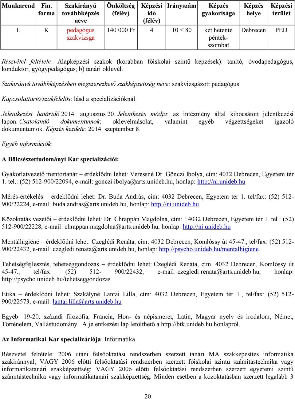 Csatolandó dokumentumok: oklevélmásolat, valamint egyéb végzettségeket igazoló dokumentumok. kezdete: 2014. szeptember 8.