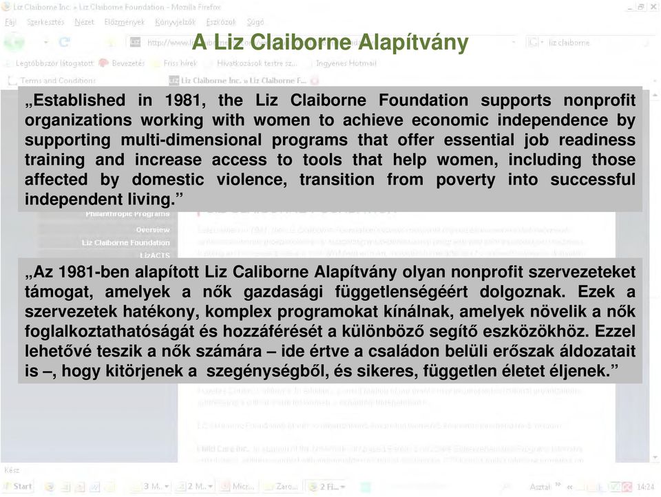 living. Az 1981-ben alapított Liz Caliborne Alapítvány olyan nonprofit szervezeteket támogat, amelyek a nők gazdasági függetlenségéért dolgoznak.