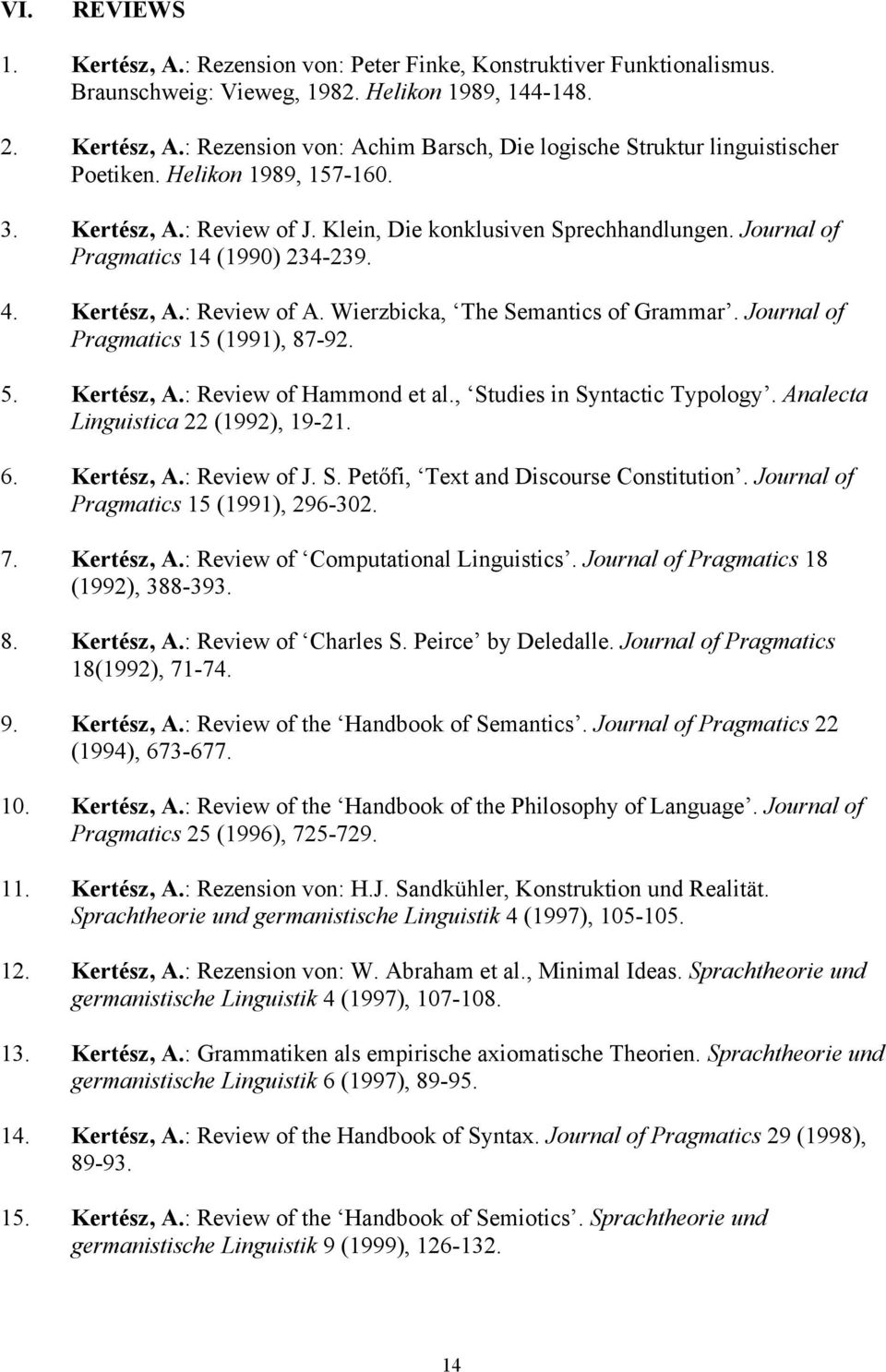 Journal of Pragmatics 15 (1991), 87-92. 5. Kertész, A.: Review of Hammond et al., Studies in Syntactic Typology. Analecta Linguistica 22 (1992), 19-21. 6. Kertész, A.: Review of J. S. Petőfi, Text and Discourse Constitution.