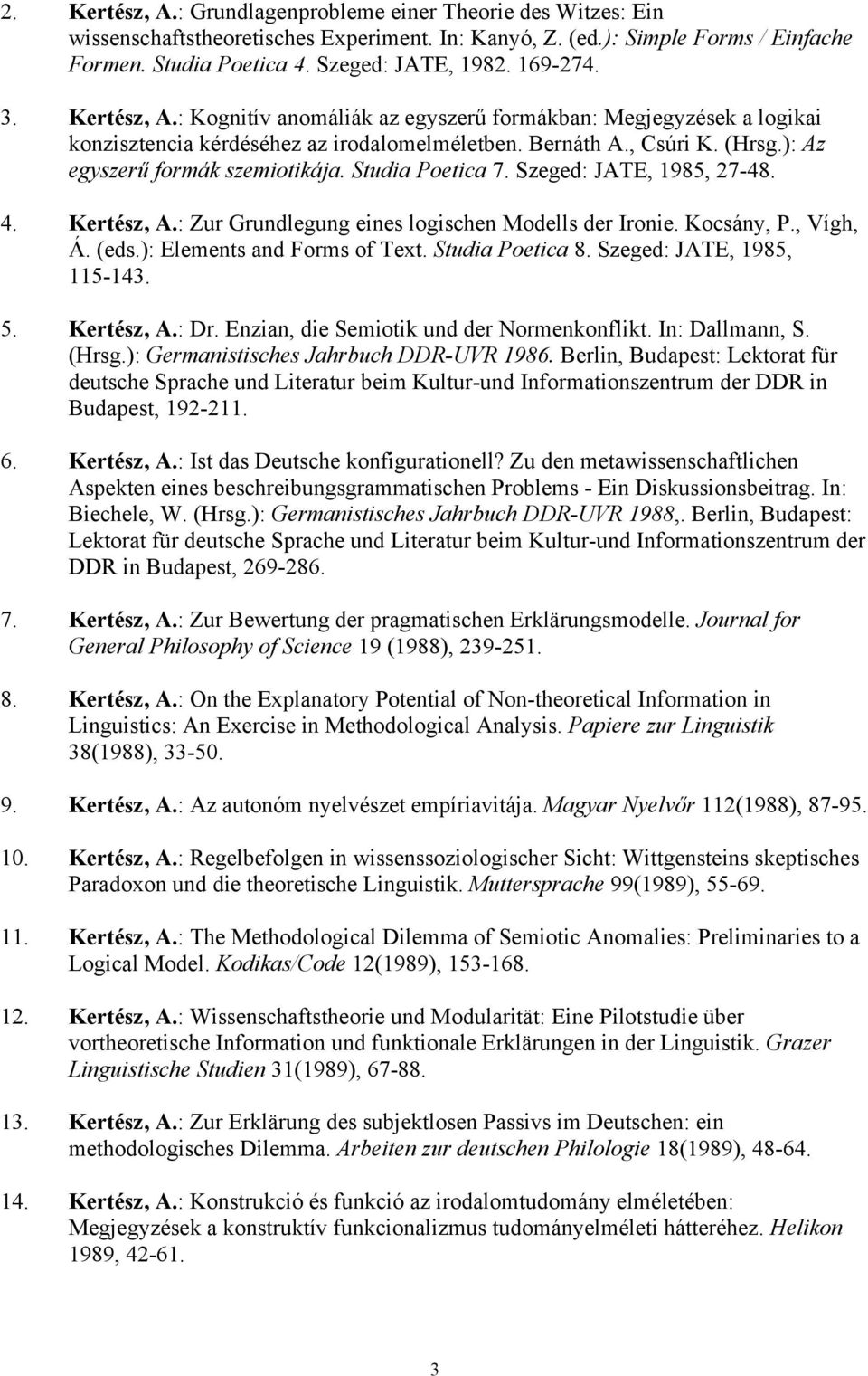 Studia Poetica 7. Szeged: JATE, 1985, 27-48. 4. Kertész, A.: Zur Grundlegung eines logischen Modells der Ironie. Kocsány, P., Vígh, Á. (eds.): Elements and Forms of Text. Studia Poetica 8.