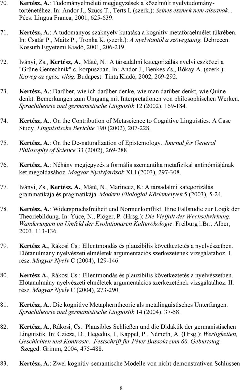 Debrecen: Kossuth Egyetemi Kiadó, 2001, 206-219. 72. Iványi, Zs., Kertész, A., Máté, N.: A társadalmi kategorizálás nyelvi eszközei a "Grüne Gentechnik" c. korpuszban. In: Andor J., Benkes Zs.