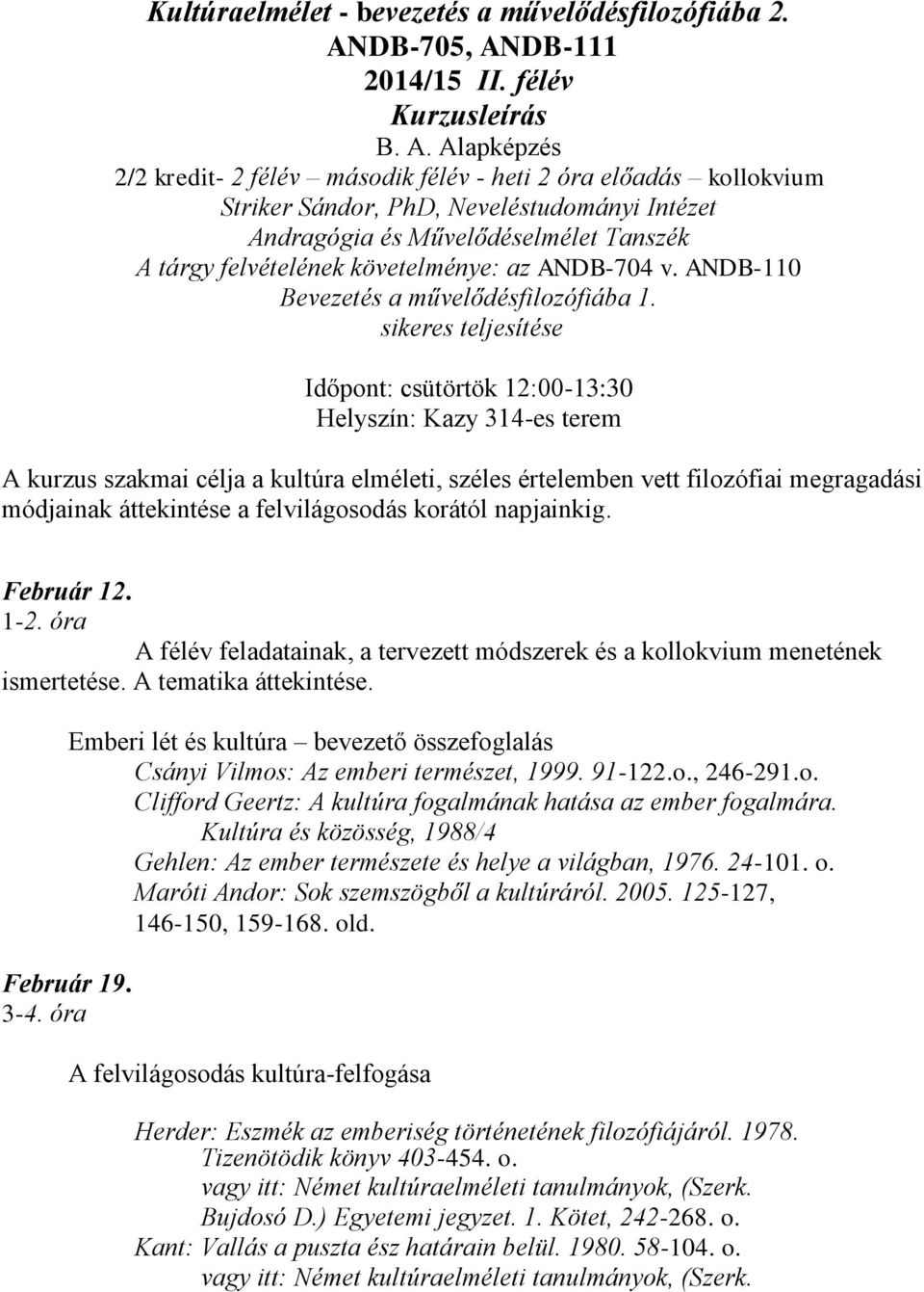 DB-111 2014/15 II. félév Kurzusleírás B. A.