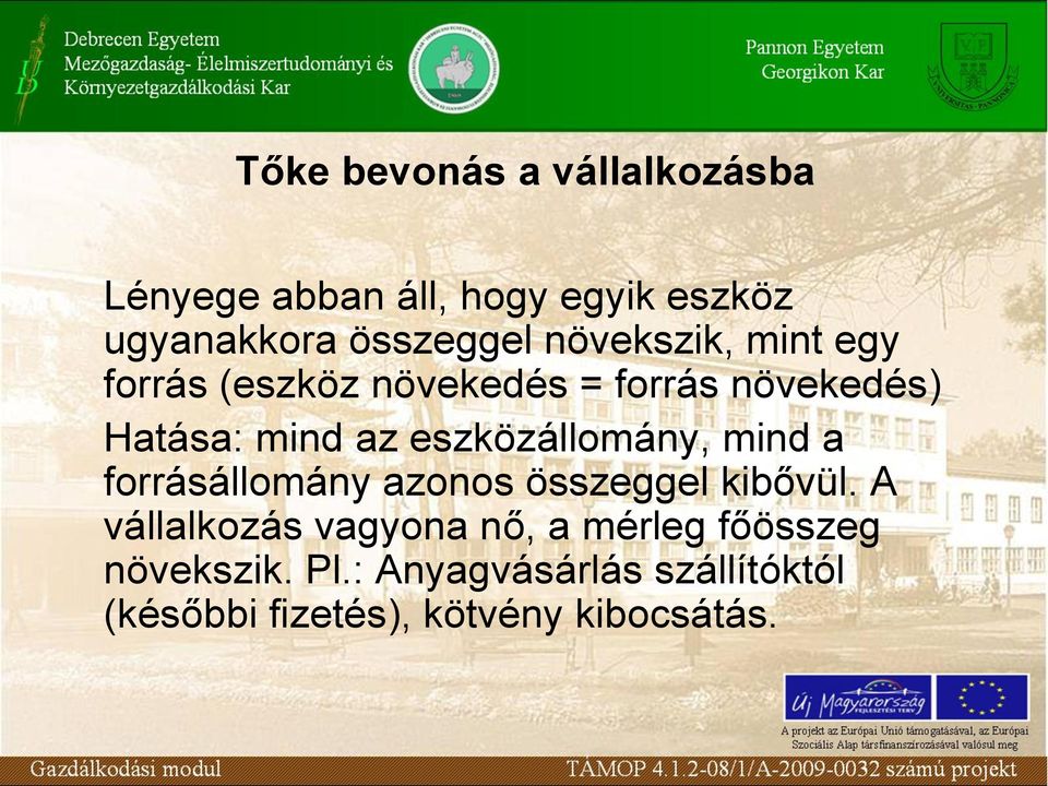 eszközállomány, mind a forrásállomány azonos összeggel kibővül.